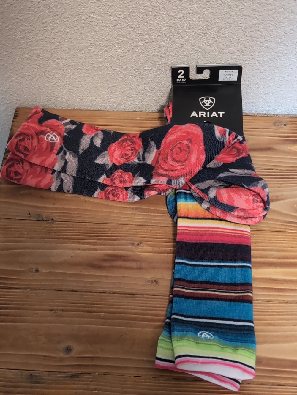 Ariat 2-Pack Floral & Striped Crew Socks - Navy, Red, Multicolor